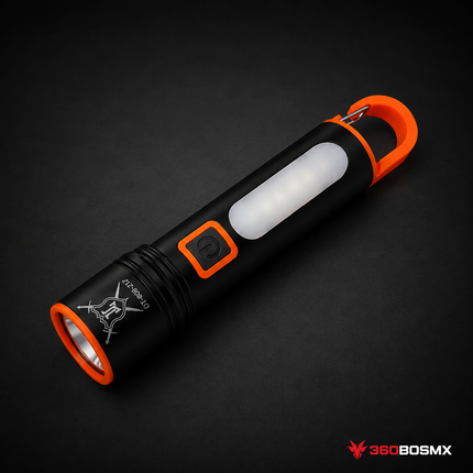 Linterna LED multifunción LJK DT787 negra y naranja con mosquetón - 360BOSMX