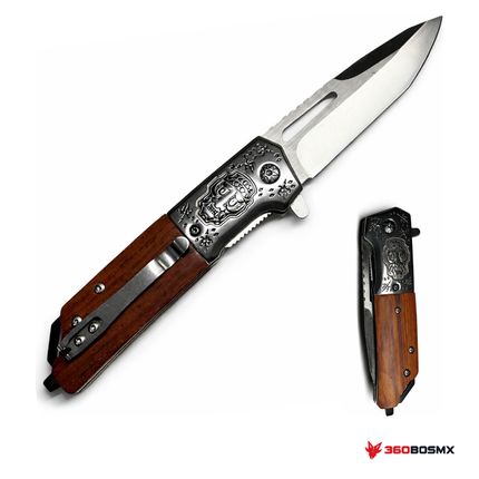 Navaja EDC plegable calavera con mango de madera JF985 MPMM · 360BOSMX