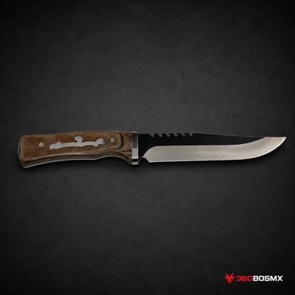Cuchillo multifuncional c/sierra, funda, mango tipo madera JFK37