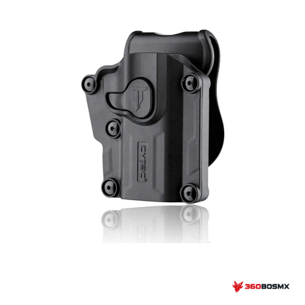Holster universal CYTAC para diestro — Negro sobre fondo blanco con logo 360BOSMX