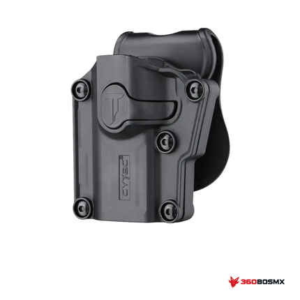 Holster universal CYTAC para zurdo — Negro sobre fondo blanco con logo 360BOSMX