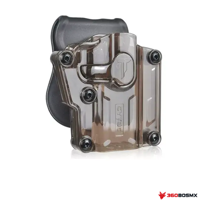 Holster universal CYTAC para diestro — Humo sobre fondo blanco con logo 360BOSMX