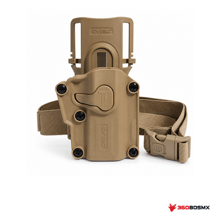 Holster universal CYTAC con piernera de 3 pasos — Caqui sobre fondo blanco con logo 360BOSMX