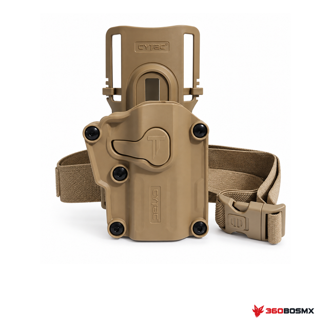 Holster universal CYTAC con piernera de 3 pasos — Caqui sobre fondo blanco con logo 360BOSMX