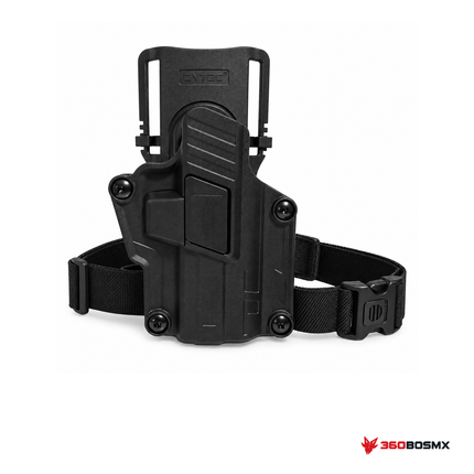Holster universal CYTAC de segunda generación con piernera de 3 pasos — Negro sobre fondo blanco con logo 360BOSMX