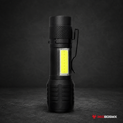 Mini Lámpara LED 1200 lms, LUZ FRONTAL UV-NEGRA c/zoom, Luz Lateral blanca Clip CD434 - 360BOSMX