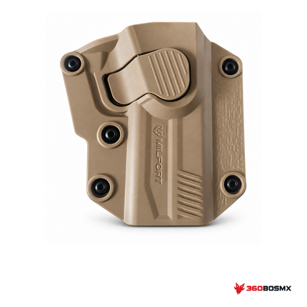 Funda holster universal Milfort — Coyote sobre fondo blanco con logo 360BOSMX