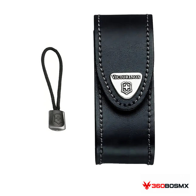 Funda Victorinox de piel para herramientas de 91 mm con cordón — Negro sobre fondo blanco