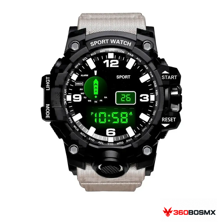 Reloj deportivo CHILLCAT con alarma, cronómetro y luz — Caqui sobre fondo blanco
