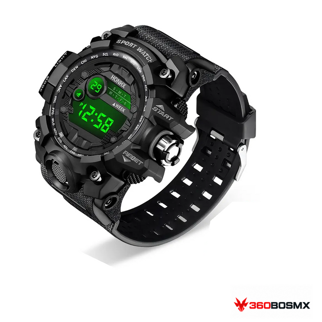 Reloj digital CHILLCAT con alarma, cronómetro y luz — Negro sobre fondo blanco