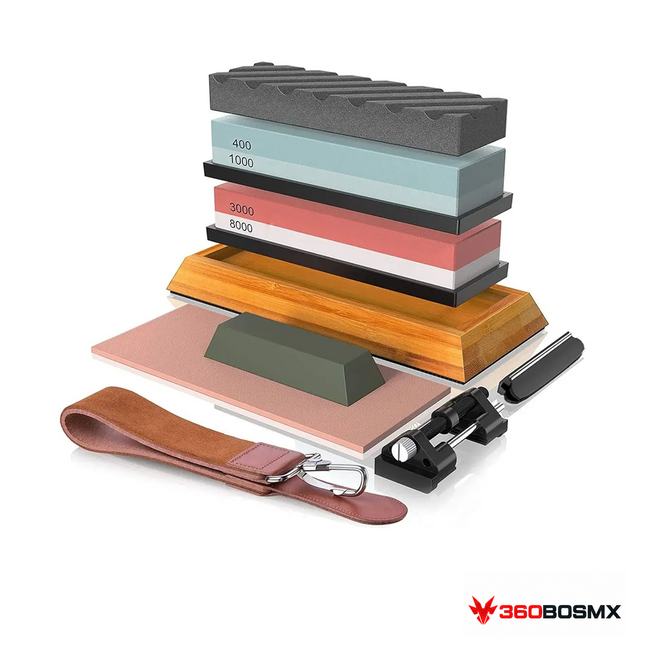 Kit KKMALL con piedras de afilado 400/1000 y 3000/8000 y accesorios incluidos sobre blanco