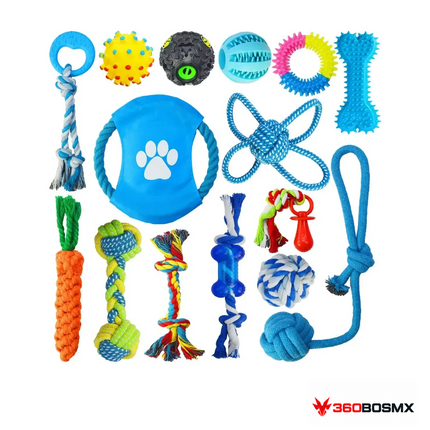 Kit HH-046 de 15 juguetes de cuerda y caucho para perros sobre fondo blanco