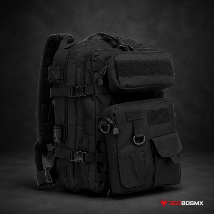 2 en 1: Mochila 40lts y Mariconera 4lts, sistema molle, +compartimento, 2 fondos GJ634 - Negra - 360BOSMX