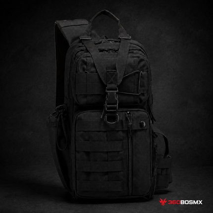 Mochila  CRUZADA sistema Molle, +compartimentos, porta vaso, parches, cinturón pecho y cintura JYB-077 - Negra - 360BOSMX