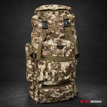 Mochila Saco Soporte metalico 75 lts Impermeable Camping 7 compatimientos SN208 - Cafe pixel - 360BOSMX