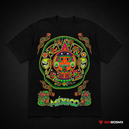 Playeras efecto fluorescente doble estampado 100% Algodón SN135 - Calendario azteca - Talla M