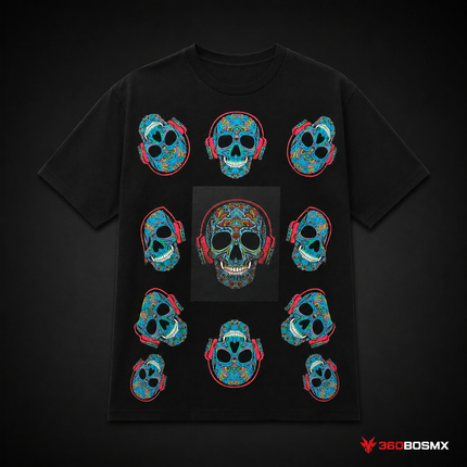 Playera Led Activada Por Sonido luz Intermitente VER VIDEO EN DESCRIPCION +pulsera 80%algodón + 20%spandex SN138 - Calavera audífonos - Talla M