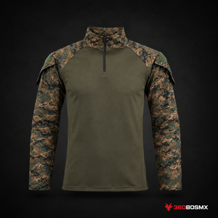 Camisa Playera Uniforme Militar Gotcha Airsoft Jersey Rápida Policía Parches Coderas X211 - Caqui con mangas camuflaje - Talla L