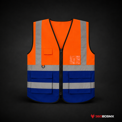 Chaleco Porta Credencial de Seguridad antireflejante  + Múltiples Bolsas BB - Naranja/Azul