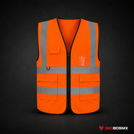 Chaleco Porta Credencial de Seguridad antireflejante  + Múltiples Bolsas BB - Naranja