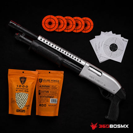 Kit de Iniciación Airsoft: Escopeta Táctica Elite Force + 2000 BBs y Blancos de Tiro MP