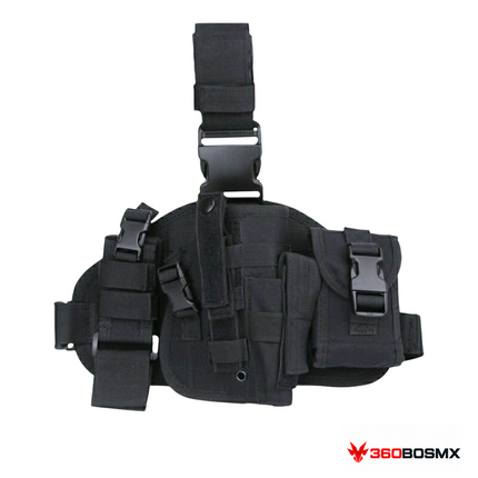 Piernera táctica BB-4 con funda y bolsillos desmontables — Negro sobre fondo blanco con logo 360BOSMX