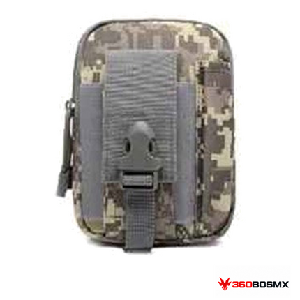 Bolsa táctica MOLLE PJ707/8031S para celular y accesorios — Gris pixel sobre fondo blanco con logo 360BOSMX