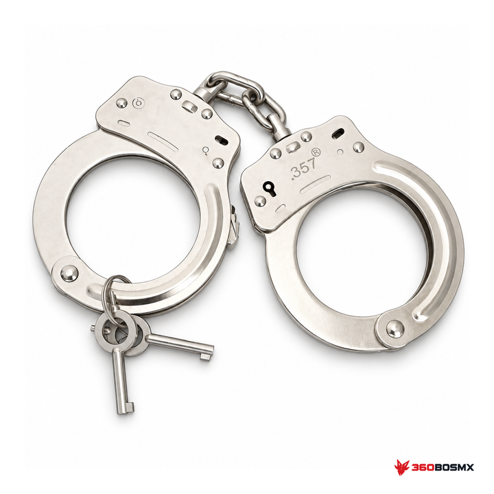 Esposas policiales .357 con dos llaves sobre fondo blanco