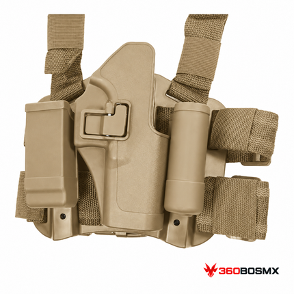Holster táctico de piernera PJ046 para Glock, completamente khaki, mano derecha, 360BOSMX