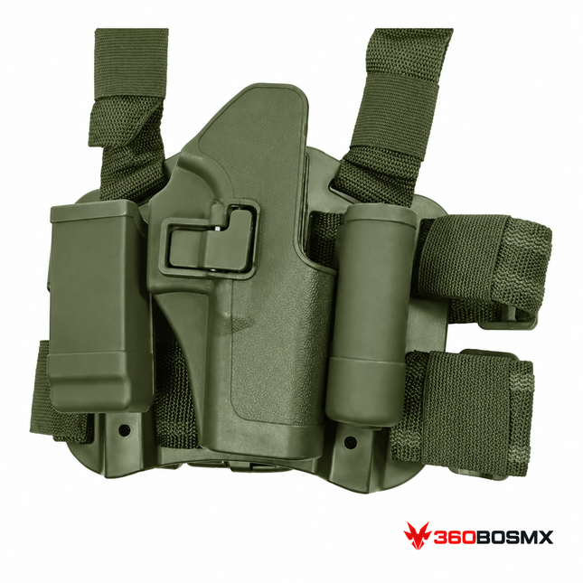 Holster táctico de piernera PJ046 para Glock, completamente verde oliva, mano derecha, 360BOSMX