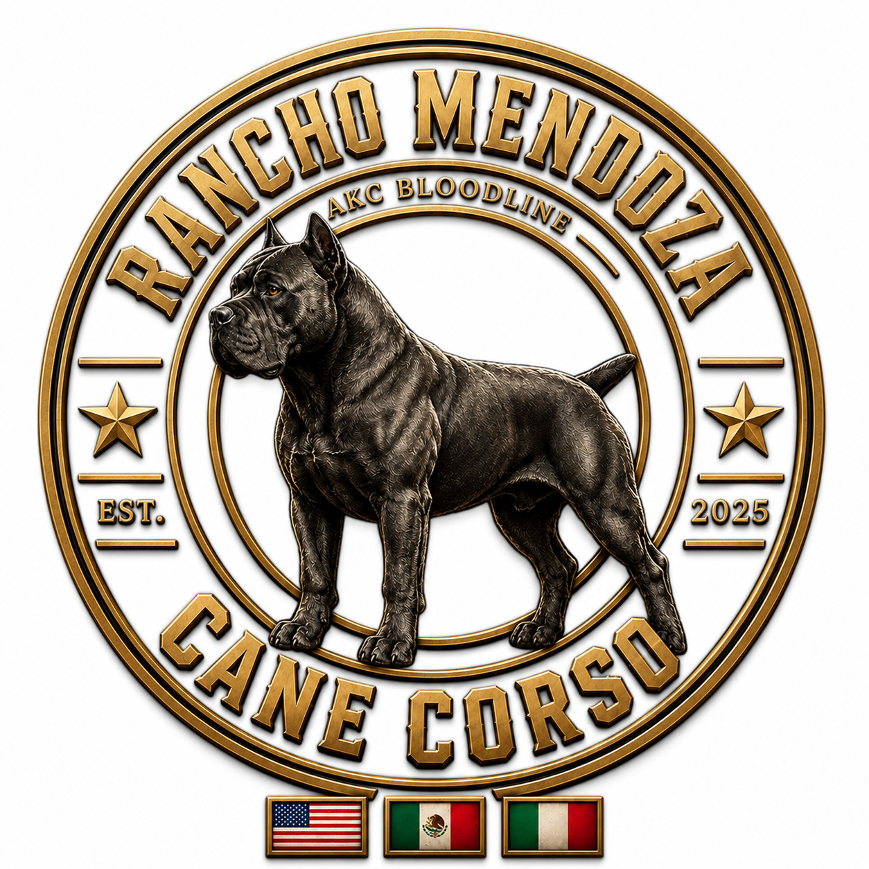 Emblema de Rancho Mendoza Cane Corso sobre fondo blanco