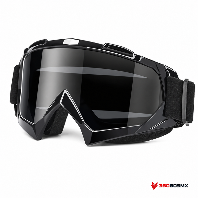 Goggle SAGUBFORL de armazón negro y mica de apariencia oscura, venta por pieza; fondo blanco y logo 360BOSMX abajo a la derecha.