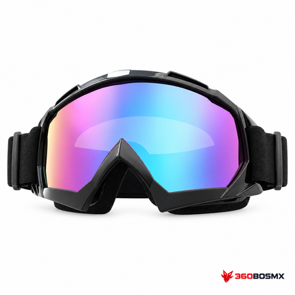 Goggle SAGUBFORL negro con mica tornasol azul violeta, fondo blanco y logo 360BOSMX abajo a la derecha.